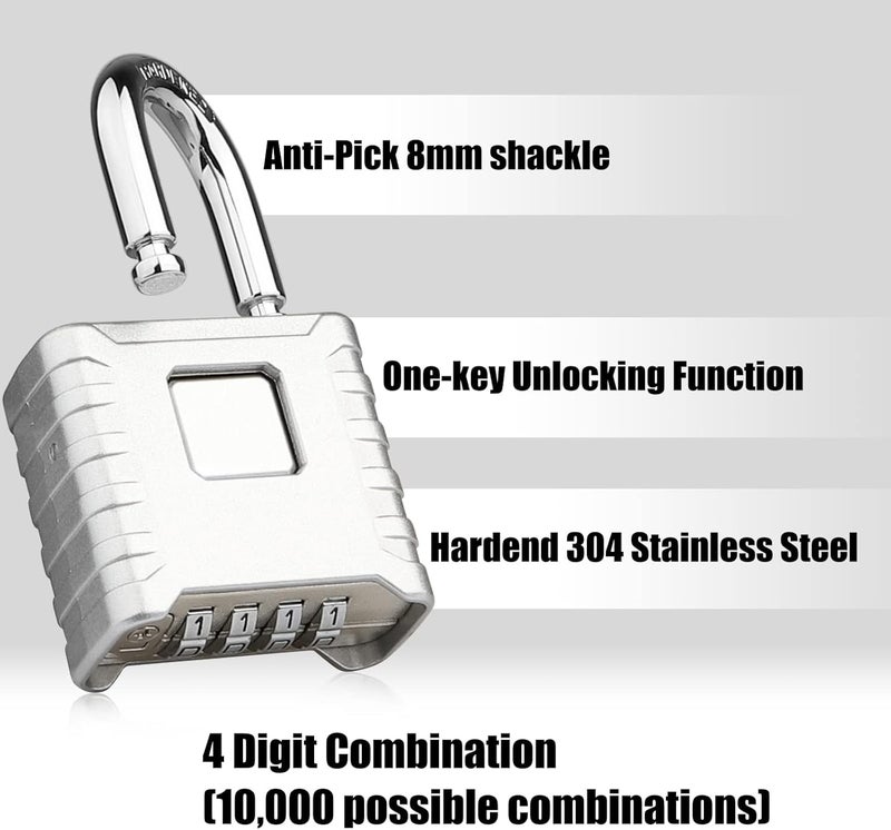 Diyife Heavy Duty Combination Padlock, Large Outdoor Padlock [One-Touch Unlocking] High Security Weatherproof, Design of Hidden Password Suitable for Locker, Home, School, Garage, Fences, Silver - Image 3